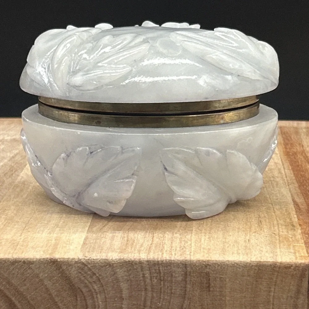 Vintage alabaster Trinket Box With Hinged Lid Carved Stone